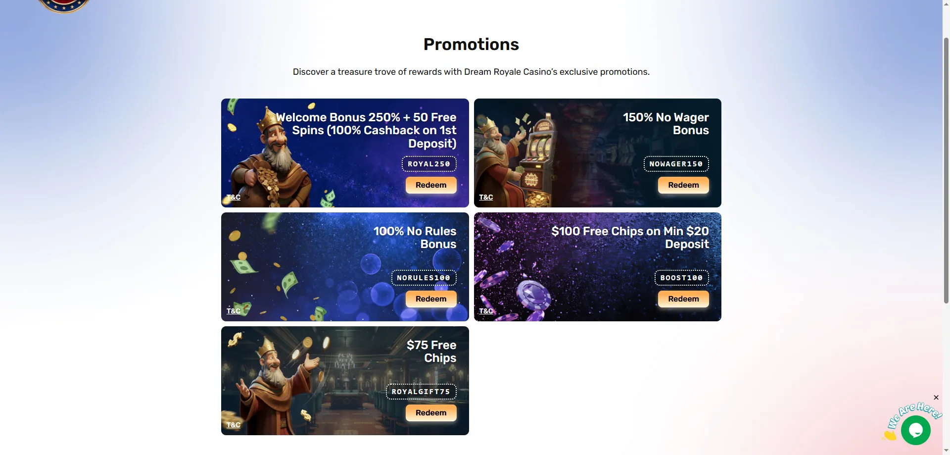 Dream Royale Casino 250% welcome bonus and free spins offer